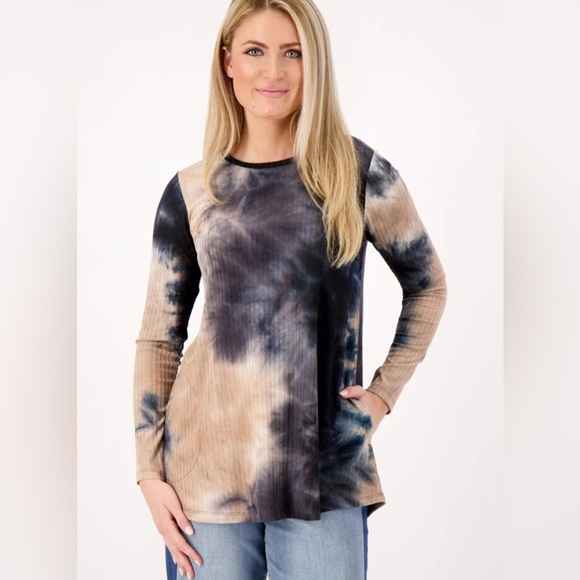 LOGO by Lori Goldstein Black and Tan Tie-Dye Long Sleeve Top W Pockets LOGO 2X - Picture 1 of 4